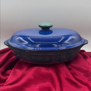 Denby England Metz Green Blue Large Oval Lidded Covered Casserole Dish Bowl.